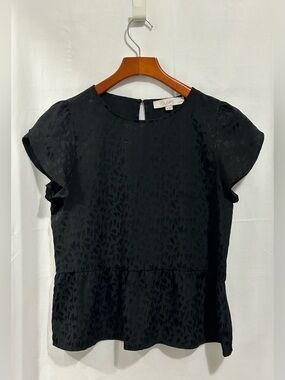 LOFT - Black Short Sleeve Peplum Top with Subtle Heart Pattern